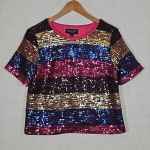 Tracee Ellis Ross for JCP Festive Sequin Striped Short Sleeve Semi Crop Blouse
